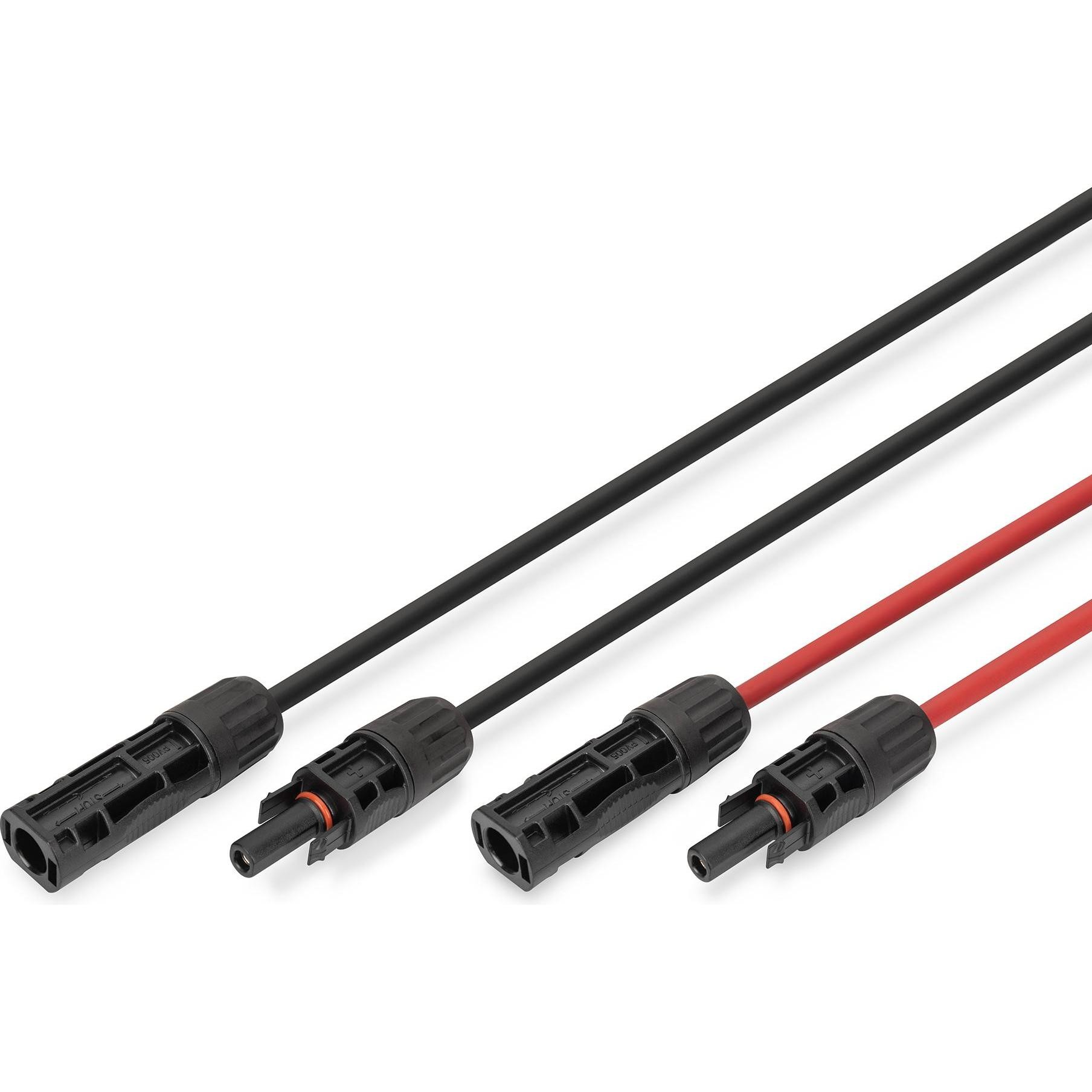 Black and red solar cable extension, 6 mm², 10 meters long, featuring durable connectors for secure connections, designed for solar power applications.