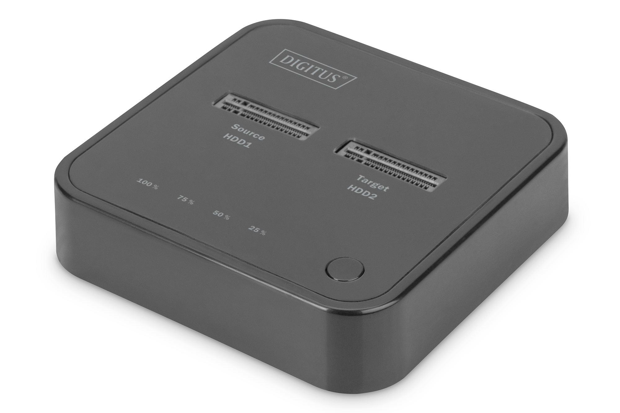 Black Digitus Dual M.2 NVMe SSD Docking Station featuring two slots labeled "Source" and "Target," with a sleek design and LED indicators for cloning status.