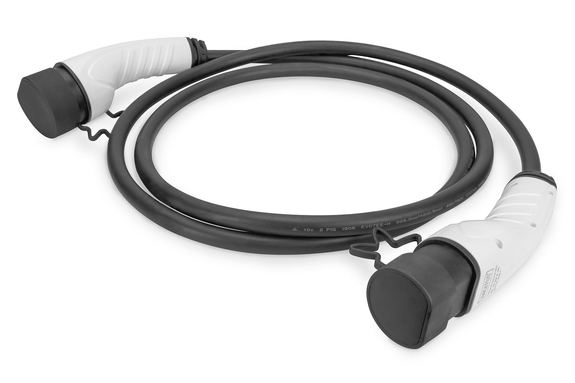 Black EV charging cable with two white connectors, designed for single-phase charging at 230 V and 32 A, measuring 5 meters in length.
