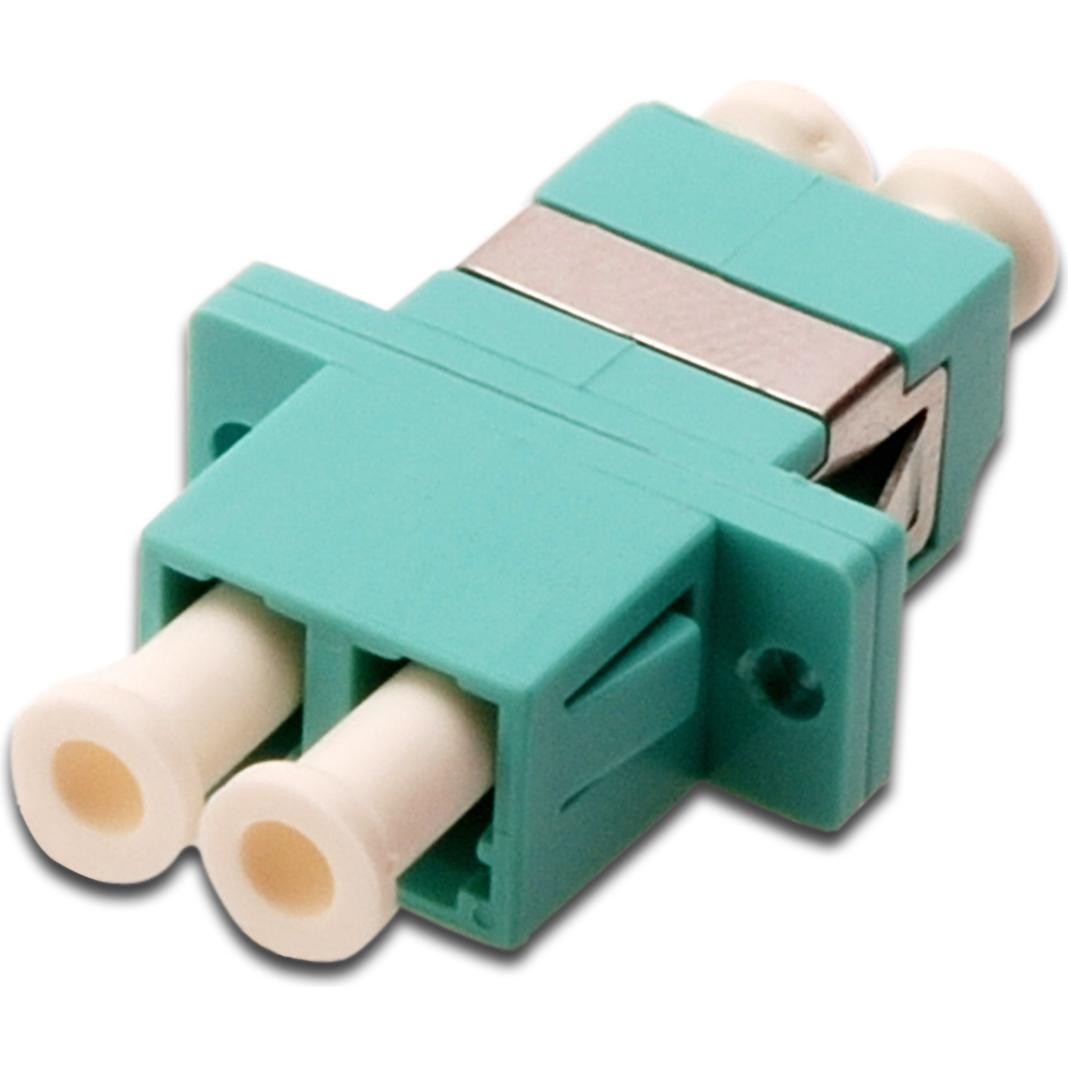 Turquoise duplex fiber optic coupling with two LC connectors, featuring a metallic section and white ceramic ferrules for multimode OM3 compatibility.