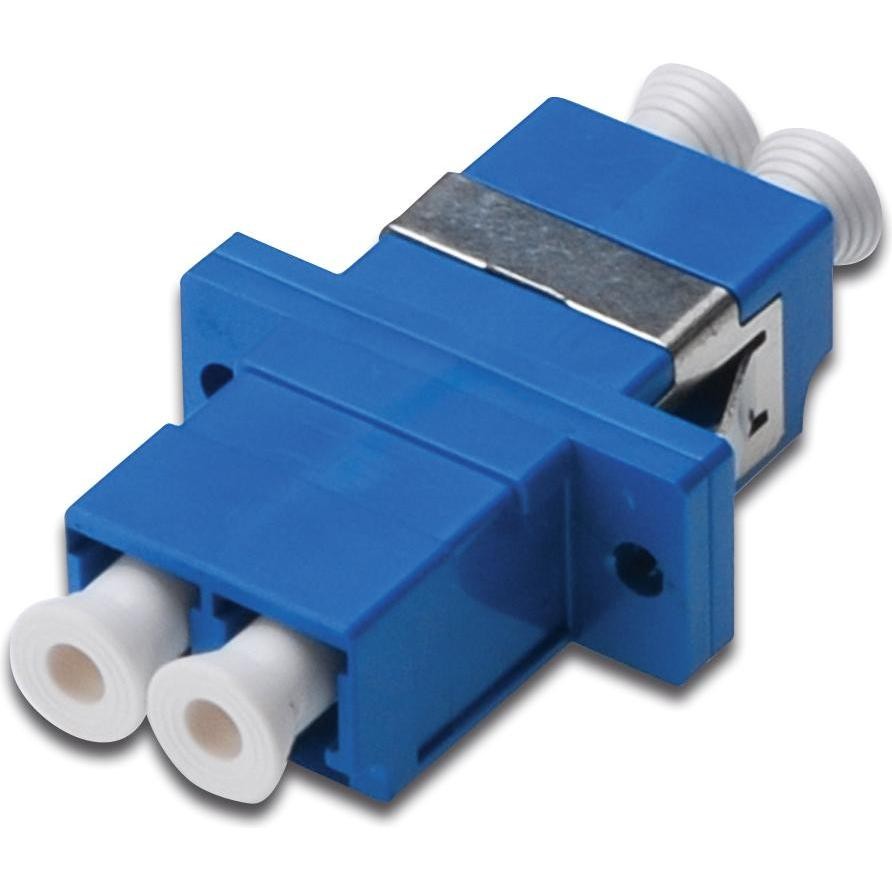 Blue plastic duplex fiber optic coupling with two white LC connectors, designed for single-mode OS2 applications, featuring a metal clip for secure attachment.