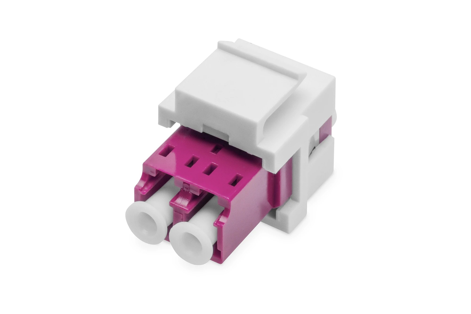 LC/LC duplex coupler in a keystone module design, featuring a white housing with a pink insert and two round fiber optic ports for multimode OM4 connectivity.