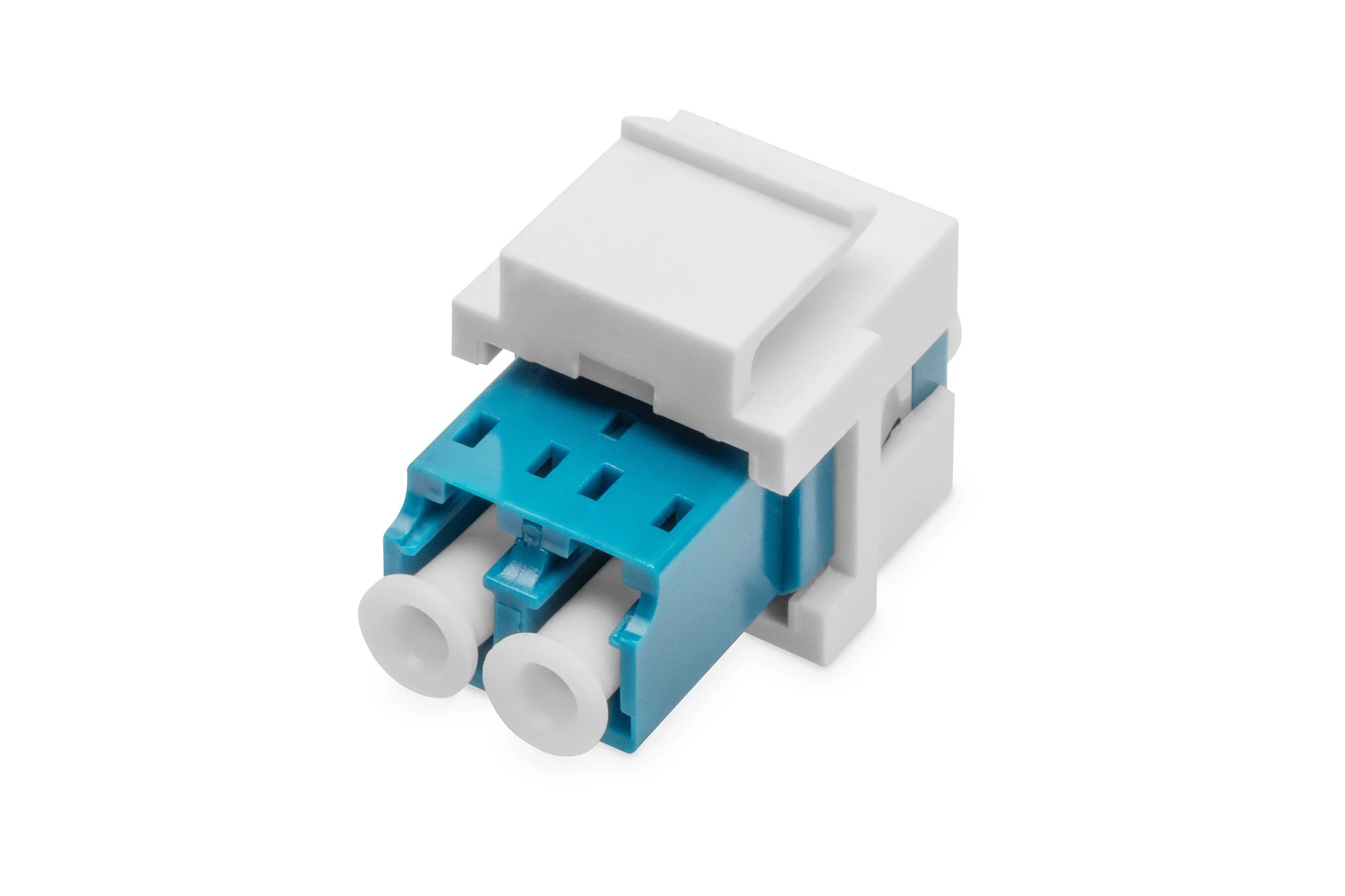 White and blue Digitus Fiber Optic LC/LC Duplex Coupler, made of plastic, featuring two round ports for singlemode fiber connections, designed as a keystone module.