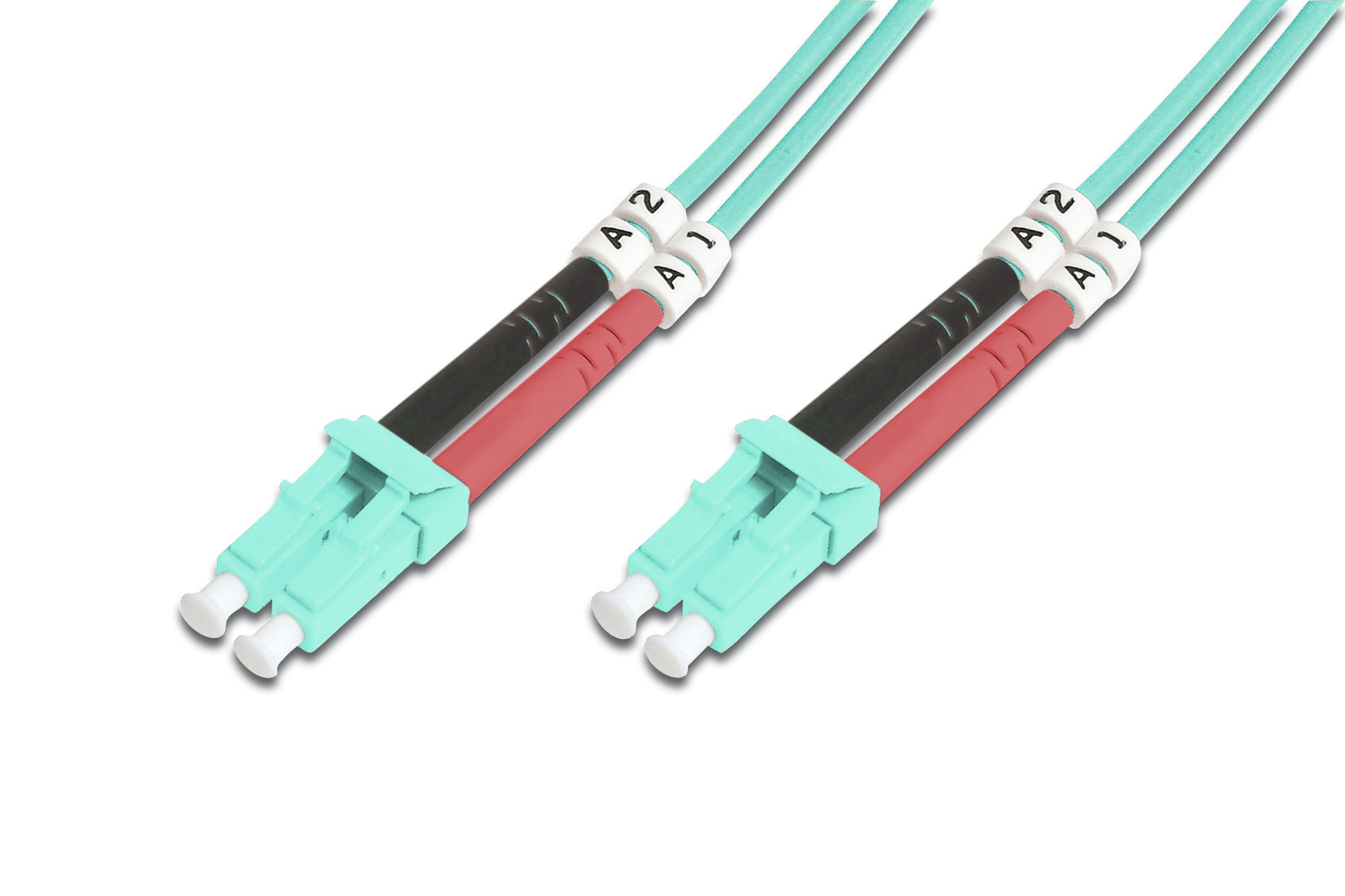 Turquoise fiber optic multimode patch cord with LC connectors, featuring two strands, labeled with white identification tags, designed for high-speed data transmission.