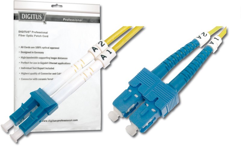 Yellow and white fiber optic patch cord with LC and SC connectors, featuring a blue housing and labeled ends A1, A2, and B1, packaged with a professional backing.
