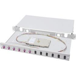 Digitus Fiber Optic Sliding Splice Box in 1U size, featuring a silver metal casing, multiple LC connectors, and a central splice tray for organized fiber management.