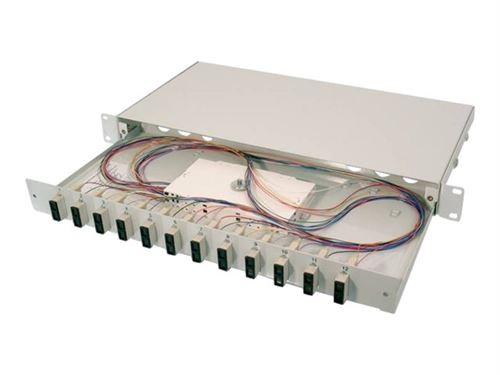 Metallic gray fiber optic splice box with a hinged lid, featuring multiple SC connectors and organized internal wiring for OS2 fiber management.