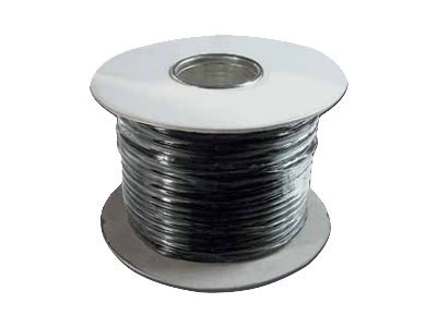 Black 100m phone cable on a silver spool, featuring TAE-F plugs, designed for telecommunication use, with a smooth, durable plastic exterior.