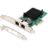 Green Digitus Gigabit Ethernet PCI Express card with two ports and black heatsink, includes silver bracket.
