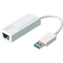 White Digitus Gigabit Ethernet USB 3.0 adapter with a short cable, featuring a USB connector on one end and an Ethernet port on the other.