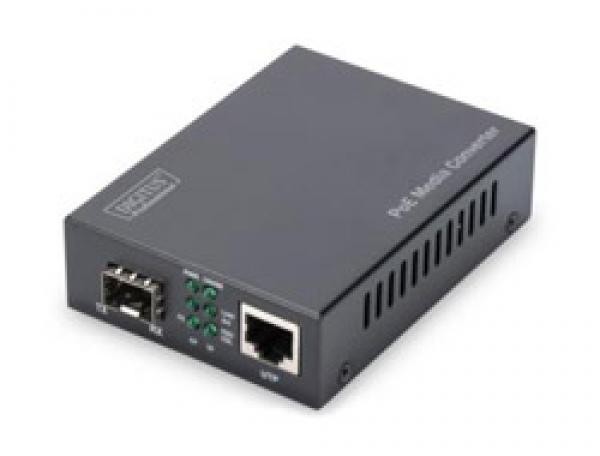 Digitus Gigabit PoE Media Converter in a compact gray metal casing, featuring one RJ45 port, one SFP slot, and indicator lights for power and data status.