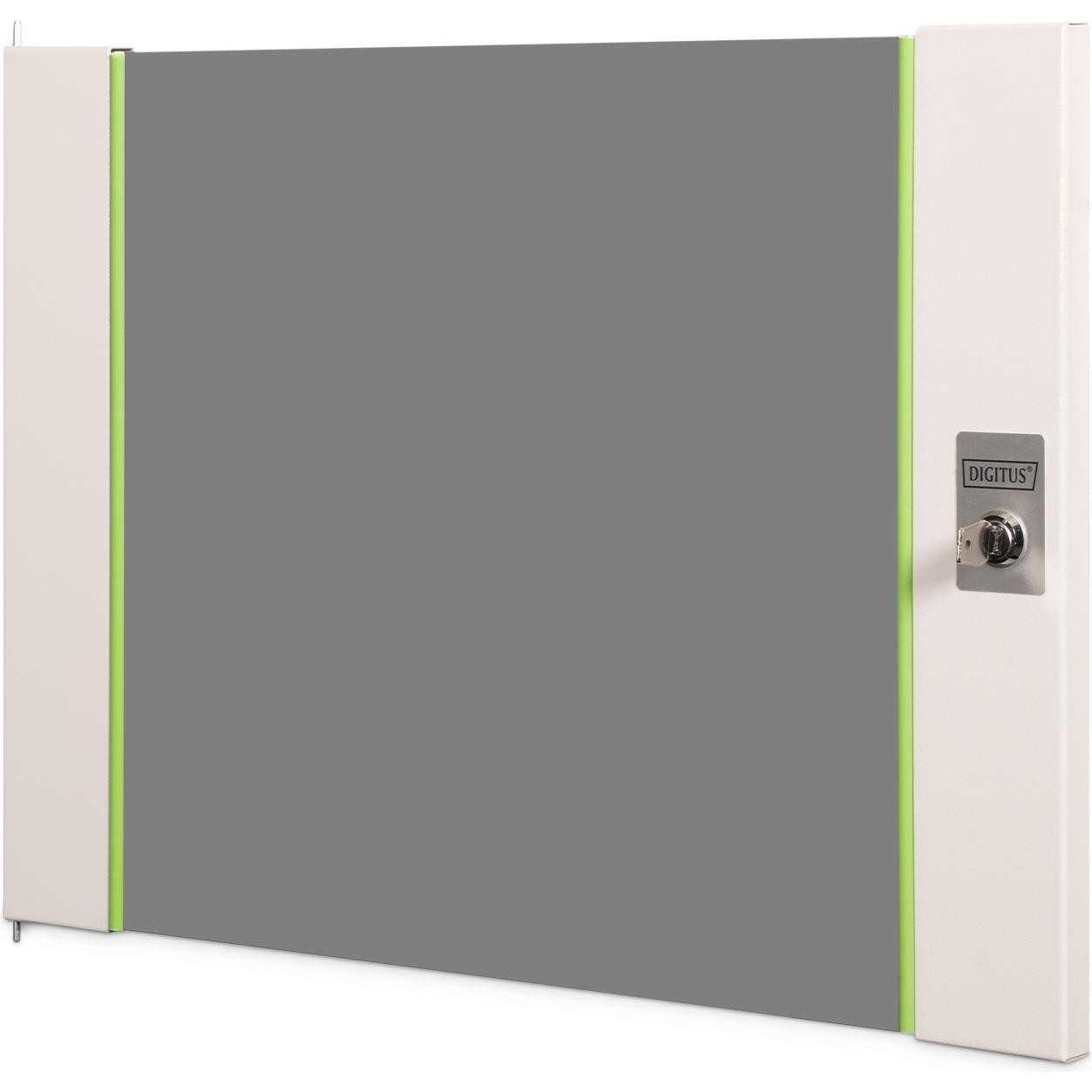 Digitus 19" 9U wall-mounted enclosure features a glass front door with a sleek grey finish, accented by bright green edges and a secure locking mechanism.