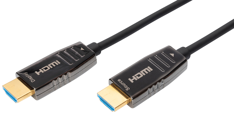 Digitus HDMI AOC Hybrid Fiber Optic Cable, 15 meters long, featuring a sleek black design with gold-plated connectors and blue accents, supporting UHD 8K resolution.