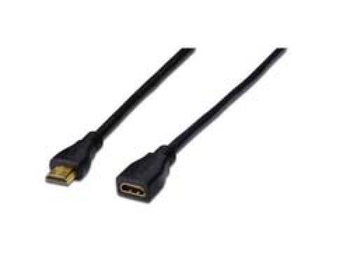 Black HDMI high-speed extension cable featuring a male connector on one end and a female connector on the other, designed for high-quality audio and video transmission.