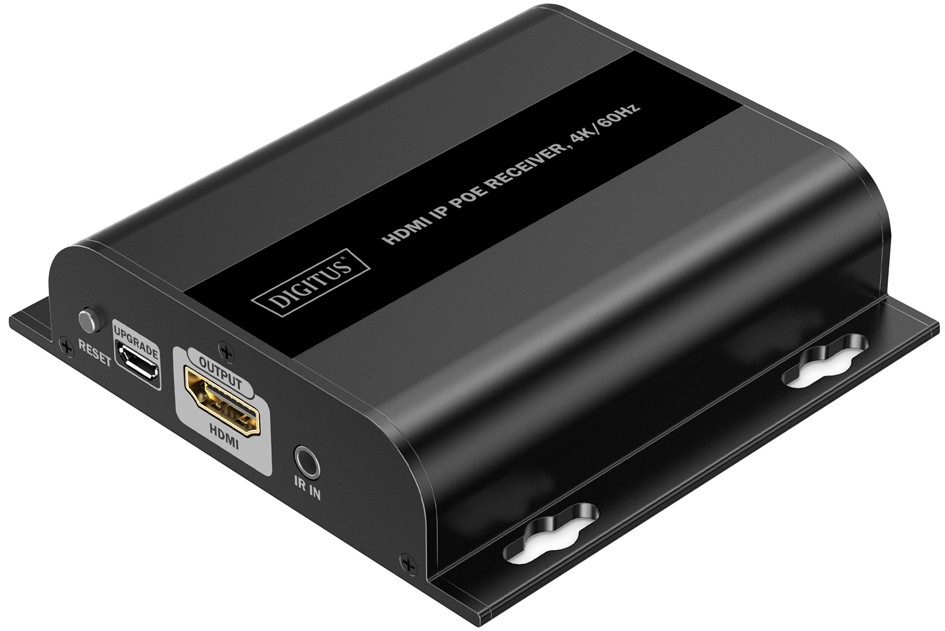 Black metal HDMI IP PoE receiver with 4K/60Hz capability, featuring HDMI output, IR input, and a reset button on one side.