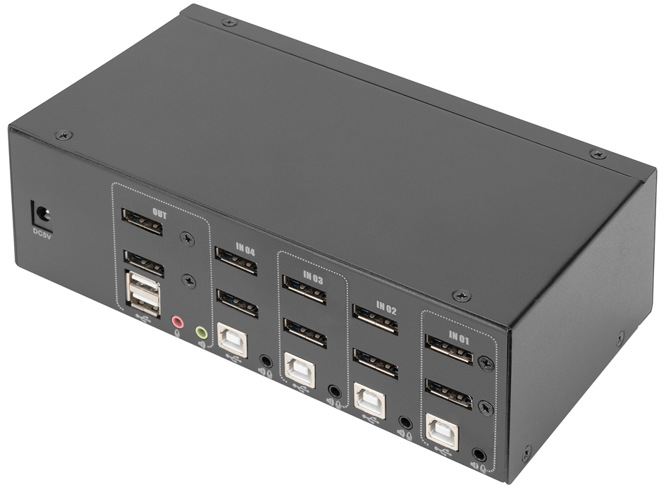 Black metal KVM switch with four input ports, dual display capability, and 4K resolution support, featuring USB and audio connections on the front panel.