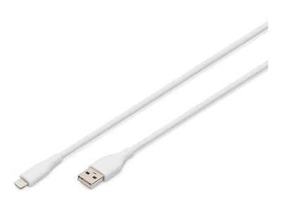 White silicone connection cable, 2m long, featuring a USB-A connector on one end and a Lightning connector on the other, designed for charging and data transfer.