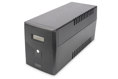 Black line-interactive UPS with a sleek design, featuring a front display panel, ventilation slots on the sides, and a power capacity of 2000 VA/1200 W.