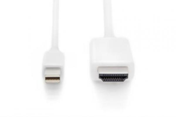 White Digitus Mini DisplayPort adapter cable featuring a Mini DisplayPort connector on one end and an HDMI Type A connector on the other, designed for audio and video transmission.