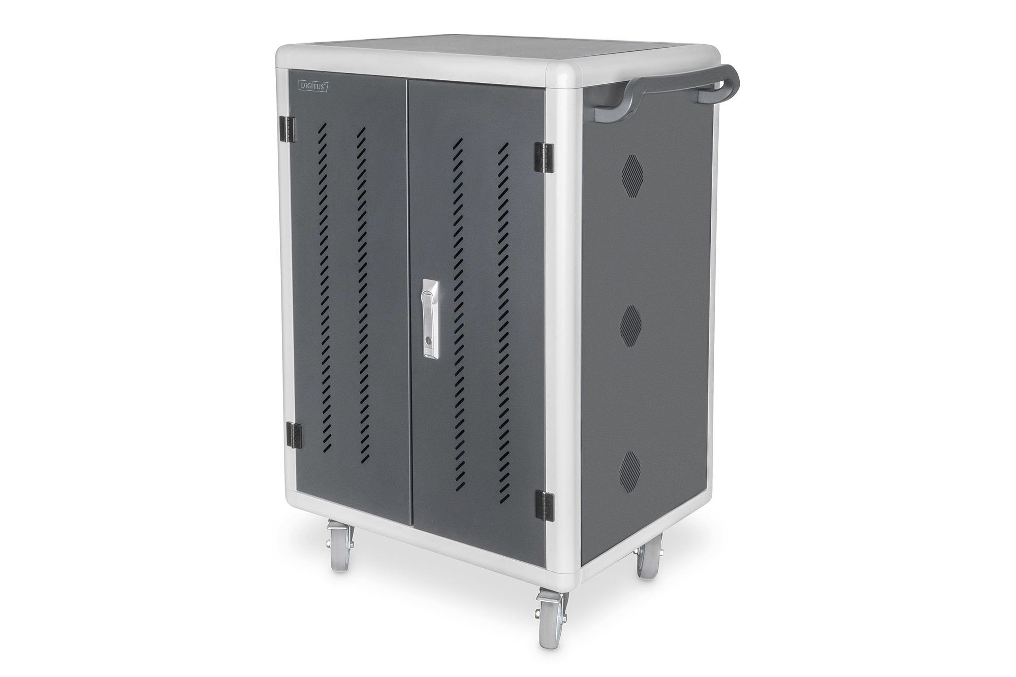 Gray mobile charging cabinet with a sleek design, featuring ventilation slits, a central lock, and four wheels for mobility, accommodating notebooks and tablets up to 15.6 inches.