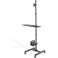 Black Digitus mobile workstation with adjustable height, monitor mount, keyboard tray, and wheeled base.