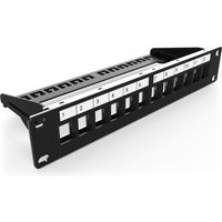 Black Digitus 12-port modular patch panel with numbered slots and cable management bar.
