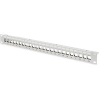 Black Digitus 24-port modular patch panel with numbered ports and white labeling area.