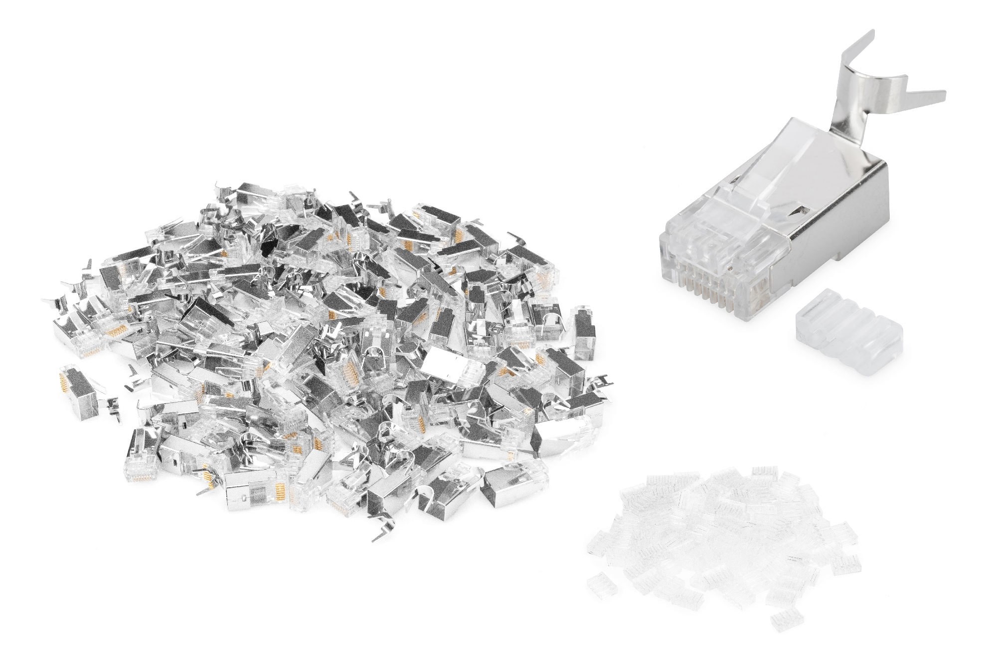 A pile of shiny silver CAT 6A shielded modular plugs for round cables, with one plug shown upright and clear plastic connectors nearby, totaling 100 pieces.