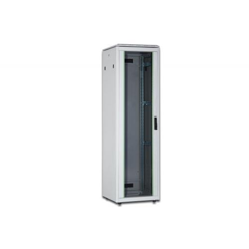 White Digitus Network Cabinet Unique Series, 600x600 mm, features a glass front door, metal frame, adjustable shelves, and ventilation slots for optimal airflow.