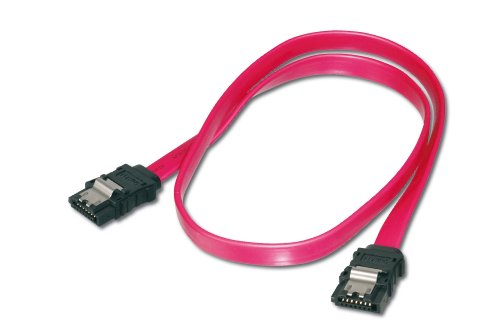 Bright pink SATA connection cable with two black connectors at each end, designed for connecting storage devices to a motherboard.