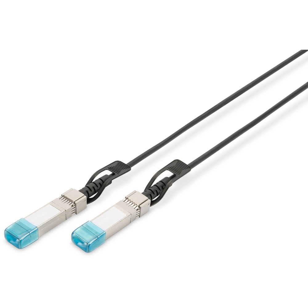 Black DAC cable with two metal connectors featuring blue plastic tips, designed for 10G data transmission, measuring 1 meter in length.