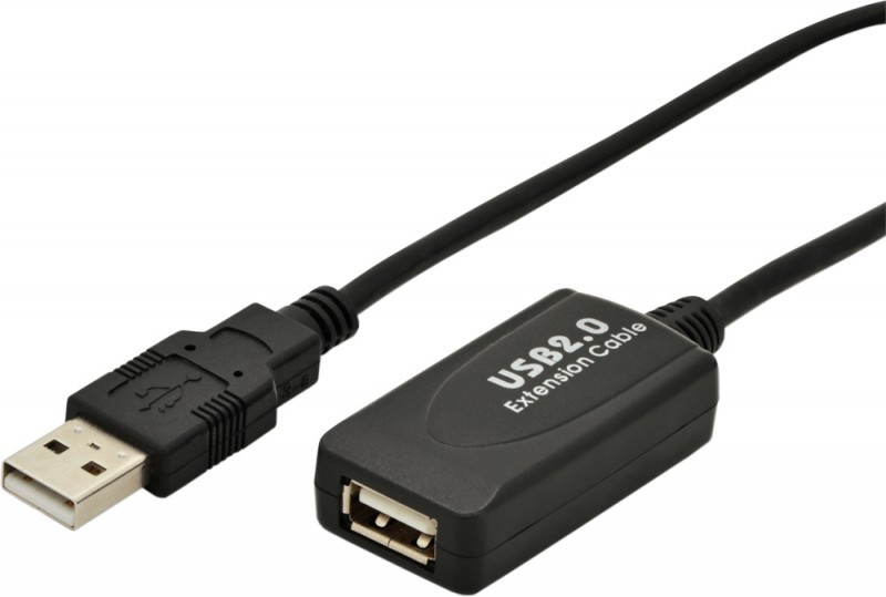Black USB 2.0 active extension cable with a male connector on one end and a female connector on the other, featuring a smooth plastic casing and clear labeling.
