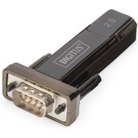 Black Digitus USB 2.0 serial adapter with silver connector and clear branding on the side.