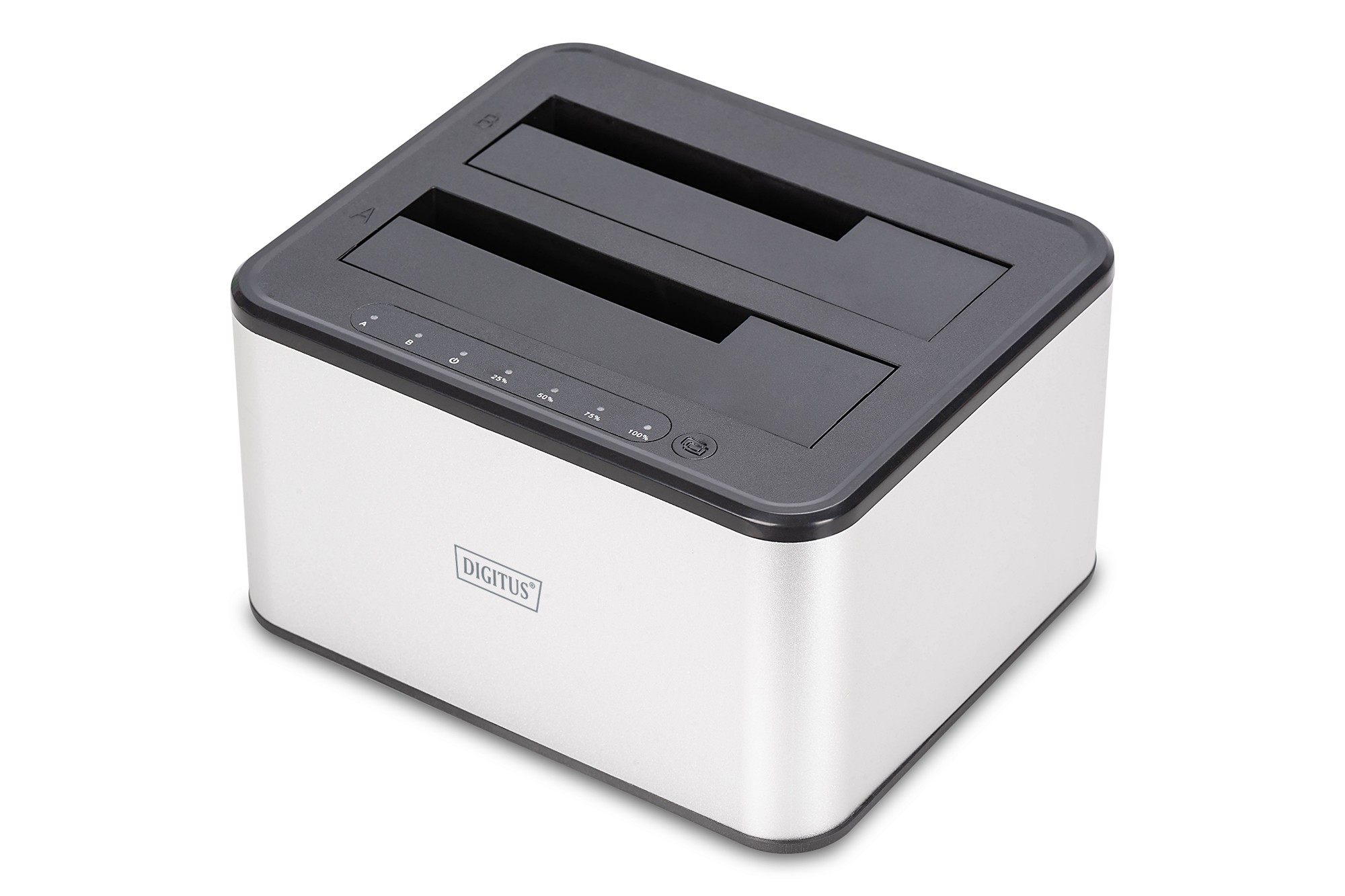 Silver and black Digitus USB 3.0 Dual SATA HDD Docking Station with two slots for 2.5"/3.5" drives and LED indicators on the front panel.