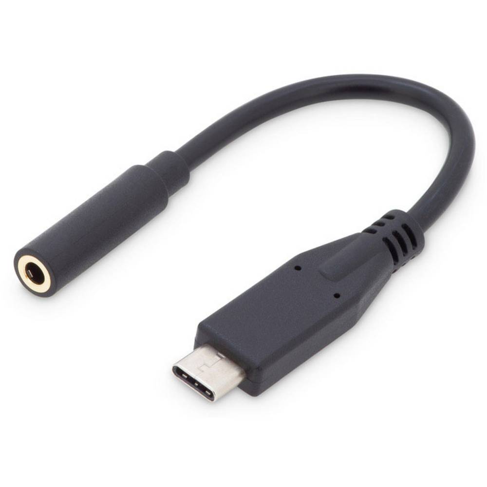 Black USB-C to 3.5mm audio adapter cable, 20cm long, featuring a USB-C connector on one end and a gold-plated 3.5mm female jack on the other.