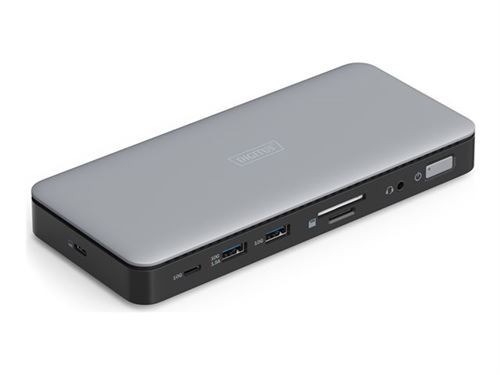 Silver and black Digitus USB-C docking station featuring 11 ports, including USB-A, HDMI, and an SD card slot, with a sleek, rectangular design and compact dimensions.