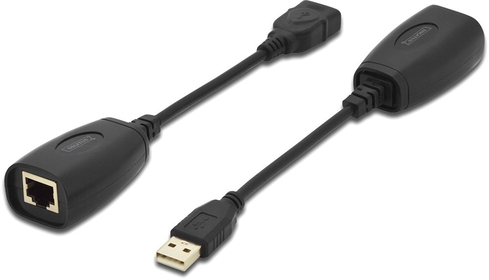 Black Digitus USB extender with a USB connector on one end and an Ethernet port on the other, featuring a durable plastic casing and a compact design for easy connectivity.