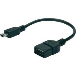 Black USB Mini-B to USB-A adapter, 0.2m long, featuring a male Mini-B connector on one end and a female USB-A port on the other, designed for OTG functionality.