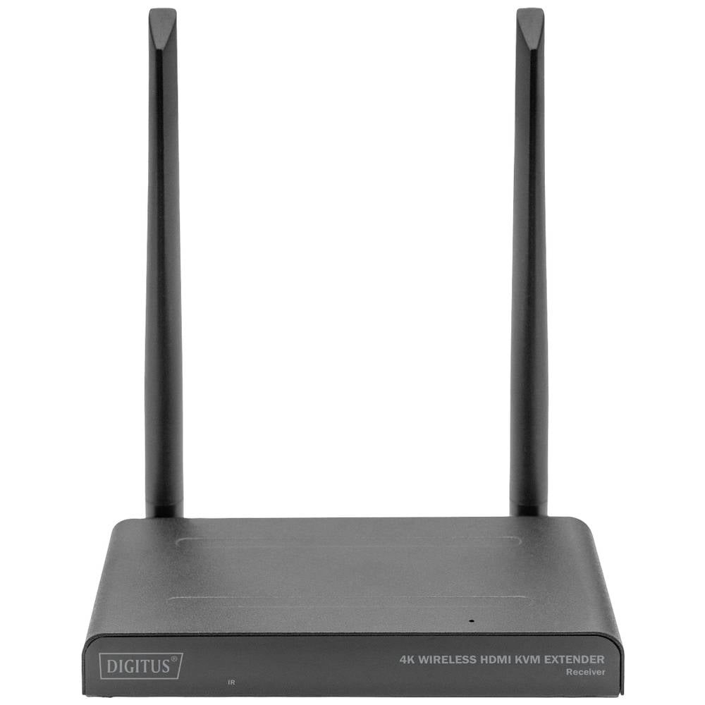Digitus Wireless HDMI Receiver DS-55328 features a sleek black metal casing, dual antennas, and is designed for 4K wireless HDMI KVM extension.