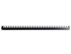 Black 19-inch rack panel with multiple vertical slots for cable management, made of durable metal for easy installation in server racks.