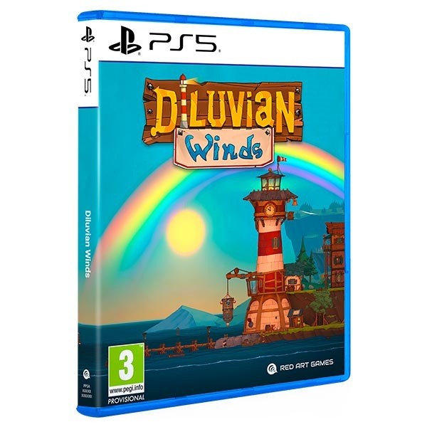 Diluvian Winds for PS5 features a vibrant blue case, with colorful artwork showcasing a whimsical lighthouse and rainbow against a bright sky.