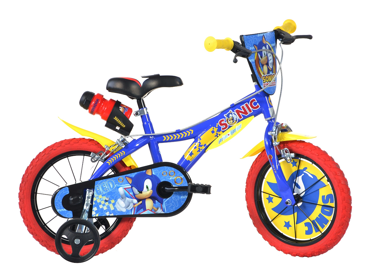 Blue 14-inch bike featuring Sonic the Hedgehog graphics, red rubber tires, a black chain guard, yellow handlebars, and a water bottle holder on the frame.