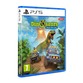 The PS5 game "Dinosaurs: Mission Dino Camp" by MERGE GAMES features vibrant cover art with a T-Rex, jungle scenery, and off-road vehicles, all set against a bright blue sky.