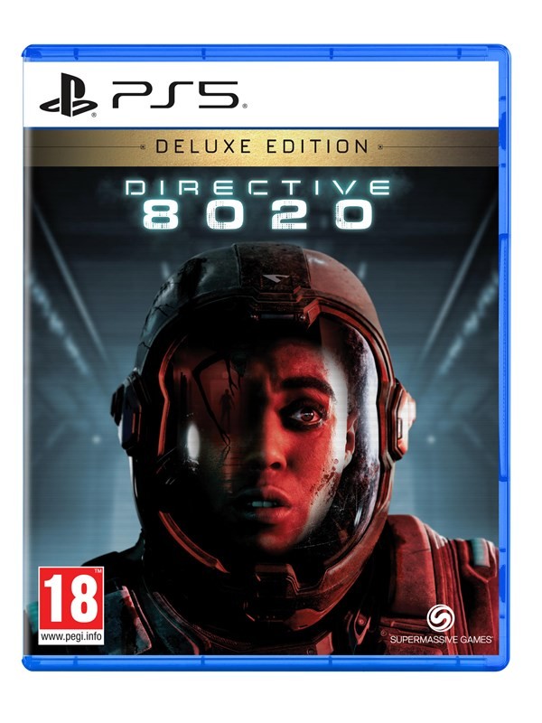 Deluxe Edition cover of "Directive 8020" for PS5 features a close-up of a helmeted character against a dark, futuristic background, with bold white text and a blue case.