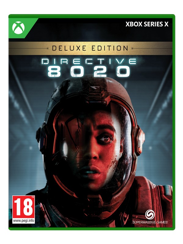 Deluxe Edition of "Directive 8020" for Xbox Series X features a striking cover with a close-up of a helmeted character against a dark background and glowing title text.