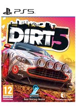 Cover art for "Dirt 5" featuring a colorful design with a racing car, bold title in black and yellow, and PlayStation 5 branding at the bottom.