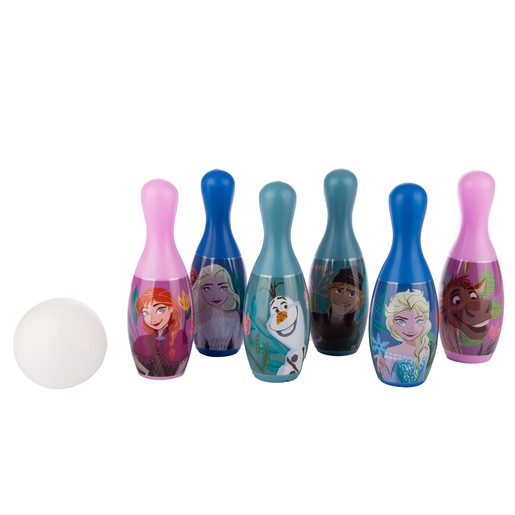 Colorful Disney Frozen bowling set featuring six pins with character designs of Anna, Elsa, Olaf, and others, alongside a white bowling ball.