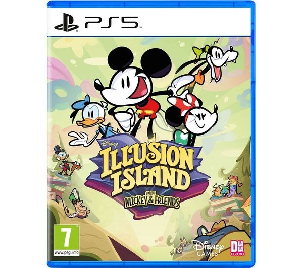 Colorful game cover featuring Mickey Mouse, Minnie Mouse, Donald Duck, and Goofy, with a vibrant jungle background and "Illusion Island" title prominently displayed.