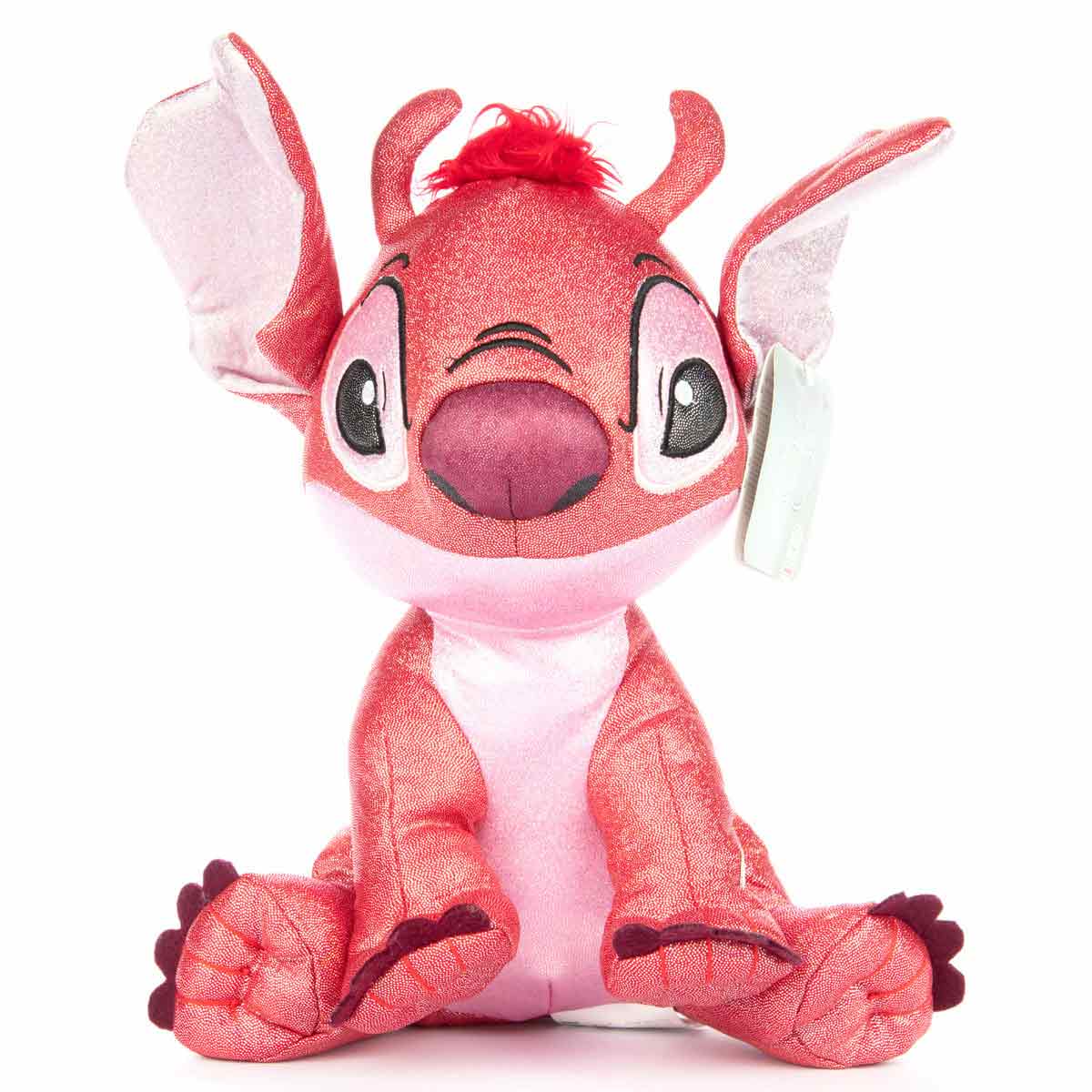 Glittery pink and red Leroy soft toy with large ears, a round nose, and a tuft of red hair, featuring a shiny finish and black paw details.