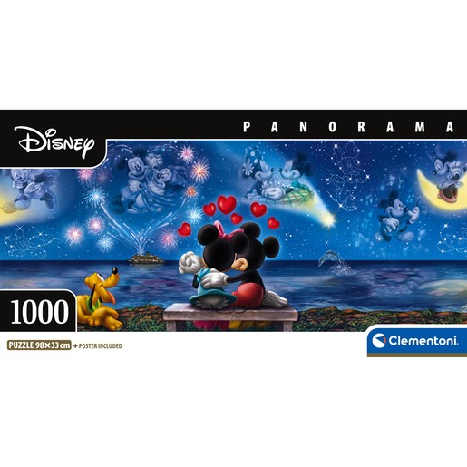 Colorful 1000-piece panorama puzzle featuring Mickey and Minnie sharing a romantic moment under a starry sky, with playful Mickeys and Pluto in the background.